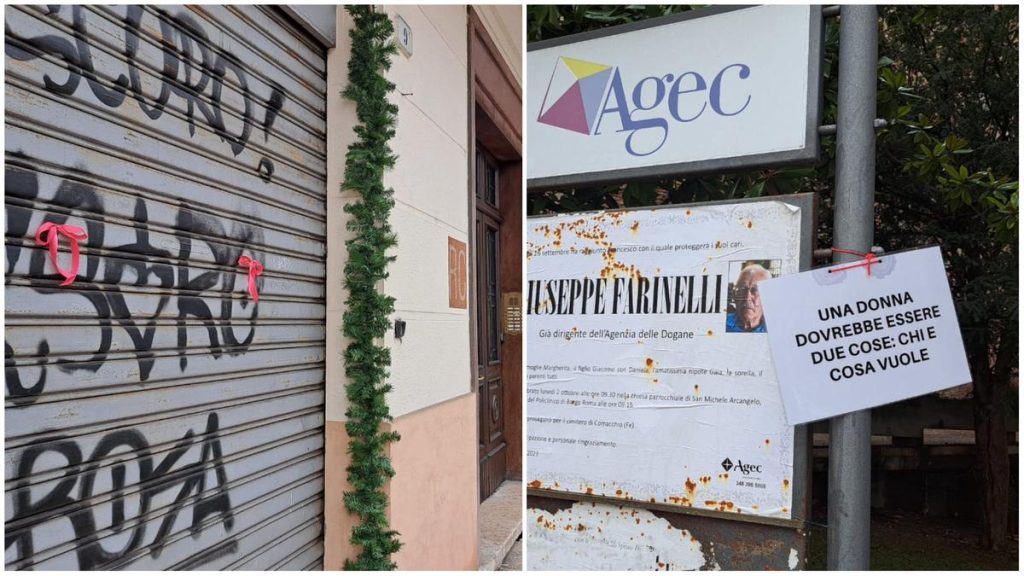 Scatti che rappresentano i cartelli e i nastri rossi sparsi per Verona contro la violenza sulle donne