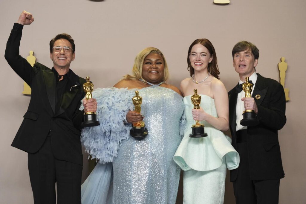 I 4 vincitori dei premi come Migliori attori alla serata degli Oscar: Cillian Murphy, Emma Stone, Robert Downey Jr e Da'Vine Joy Randolph.