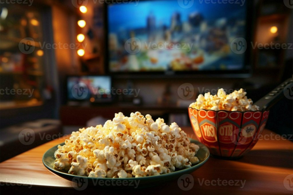Immagine di popcorn e sullo sfondo una televisione, da Vecneezy