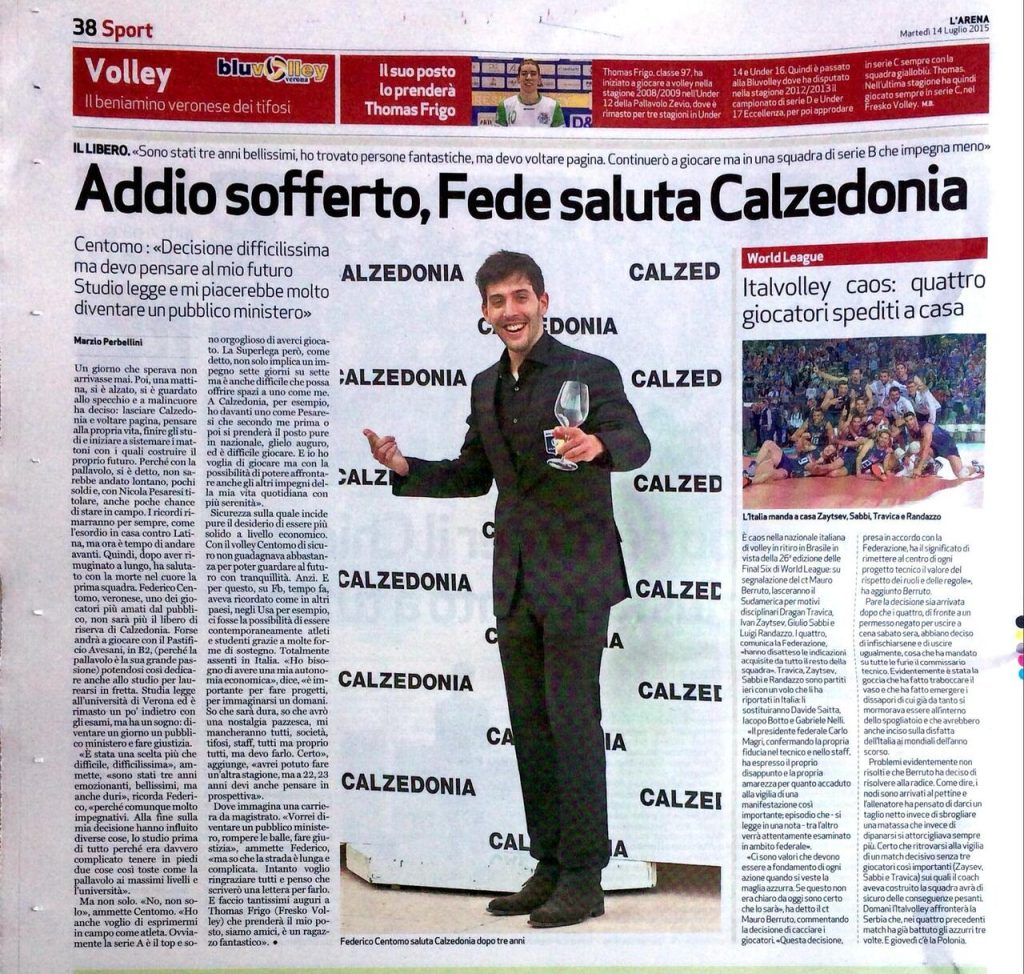 Articolo di giornale che parla dell'addio alla Serie A di Centomo